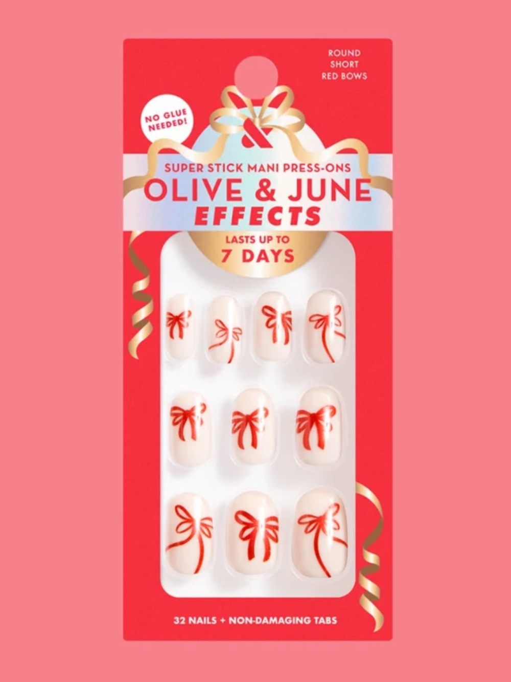 Olive and June Super Stick Mani Press On Nails in Red Chrome Bows